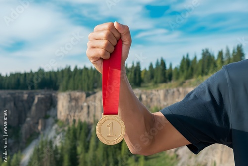 Hand with ribbon and medal, scenic cliff background symbolizing victory photo