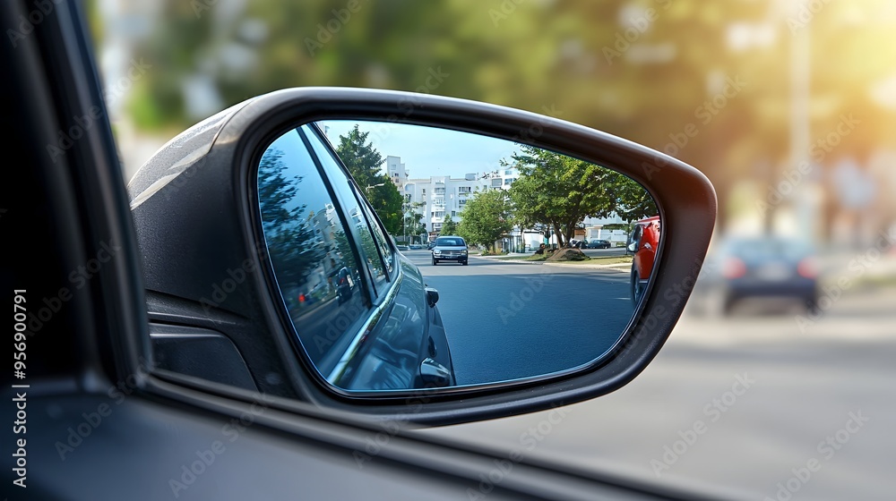 Driver's View of Car Mirror with Hidden Vehicle in Blind Spot for Road Safety and Awareness Driver's View of Car Mirror with Hidden Vehicle in Blind Spot for Road Safety and Awareness