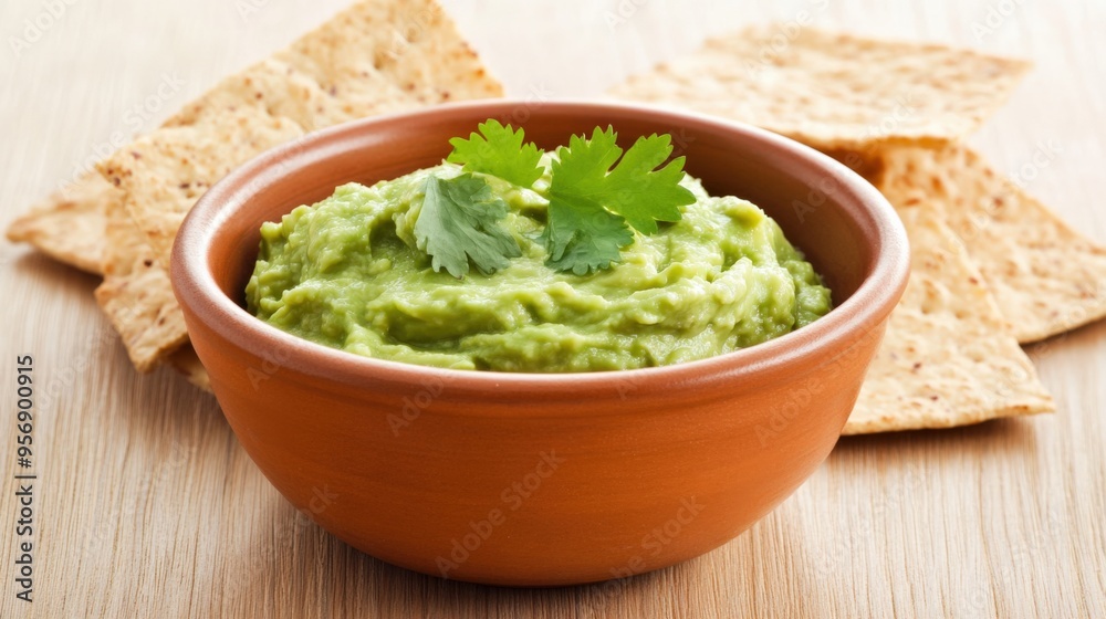 Fresh guacamole served in a bowl with crispy crackers, garnished with cilantro, perfect for a delicious snack. Fresh guacamole served in a bowl with crispy crackers, garnished with cilantro, perfect for a delicious snack.