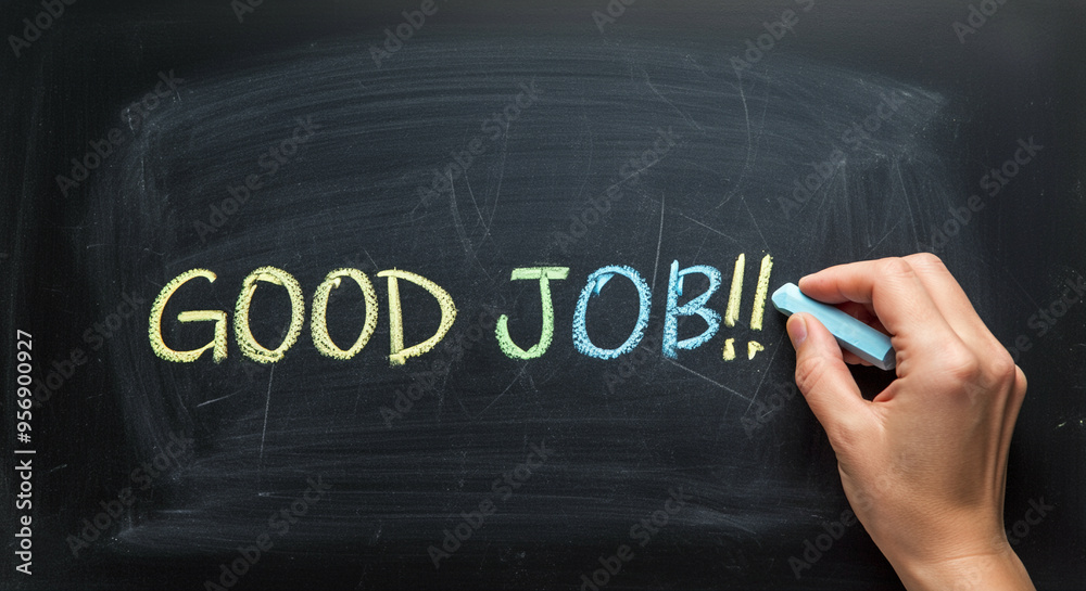 Chalk writing on blackboard celebrating good job with colorful chalks and hand gesture demonstrating appreciation Chalk writing on blackboard celebrating good job with colorful chalks and hand gesture demonstrating appreciation