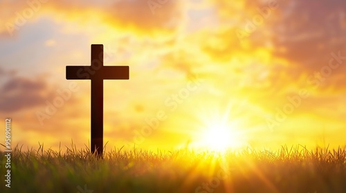 Silhouette christian cross on grass in sunrise background 