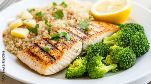 Delicious grilled fish served with quinoa, fresh broccoli, and lemon slices for a healthy meal.