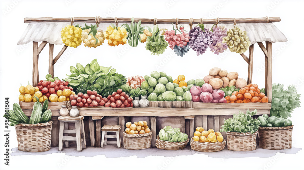 A vibrant market stall overflowing with fresh fruits and vegetables ...