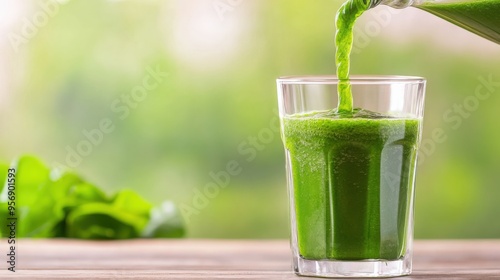 Freshly made green smoothie pouring into a glass, showcasing vibrant colors and healthy ingredients.