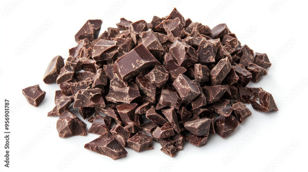 Pile chopped, milled dark chocolate isolated on white, top view Pile chopped, milled dark chocolate isolated on white, top view