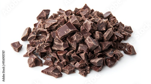 Pile chopped, milled dark chocolate isolated on white, top view 