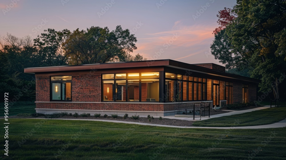 Modern, single-story brick building with large windows, surrounded by a grassy lawn and trees, under a beautiful evening sky. Modern, single-story brick building with large windows, surrounded by a grassy lawn and trees, under a beautiful evening sky.