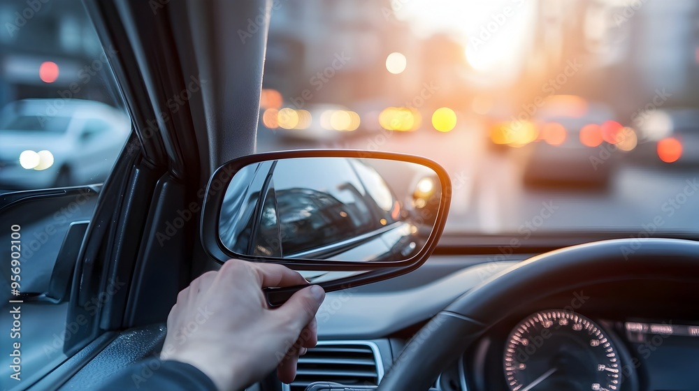 Driver's Hand Adjusting Side Mirror with Distant Cars and Blind Spot Concept Driver's Hand Adjusting Side Mirror with Distant Cars and Blind Spot Concept