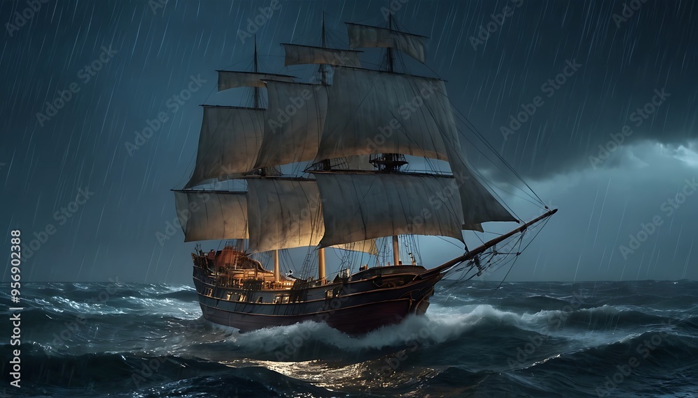 Obraz premium A seventeenth-century English line-of-battle warship, sailing the ocean.An elusive ornamental temporal trawler drifts through a dreamlike watercolor seascape, its intricate details standing out vividl