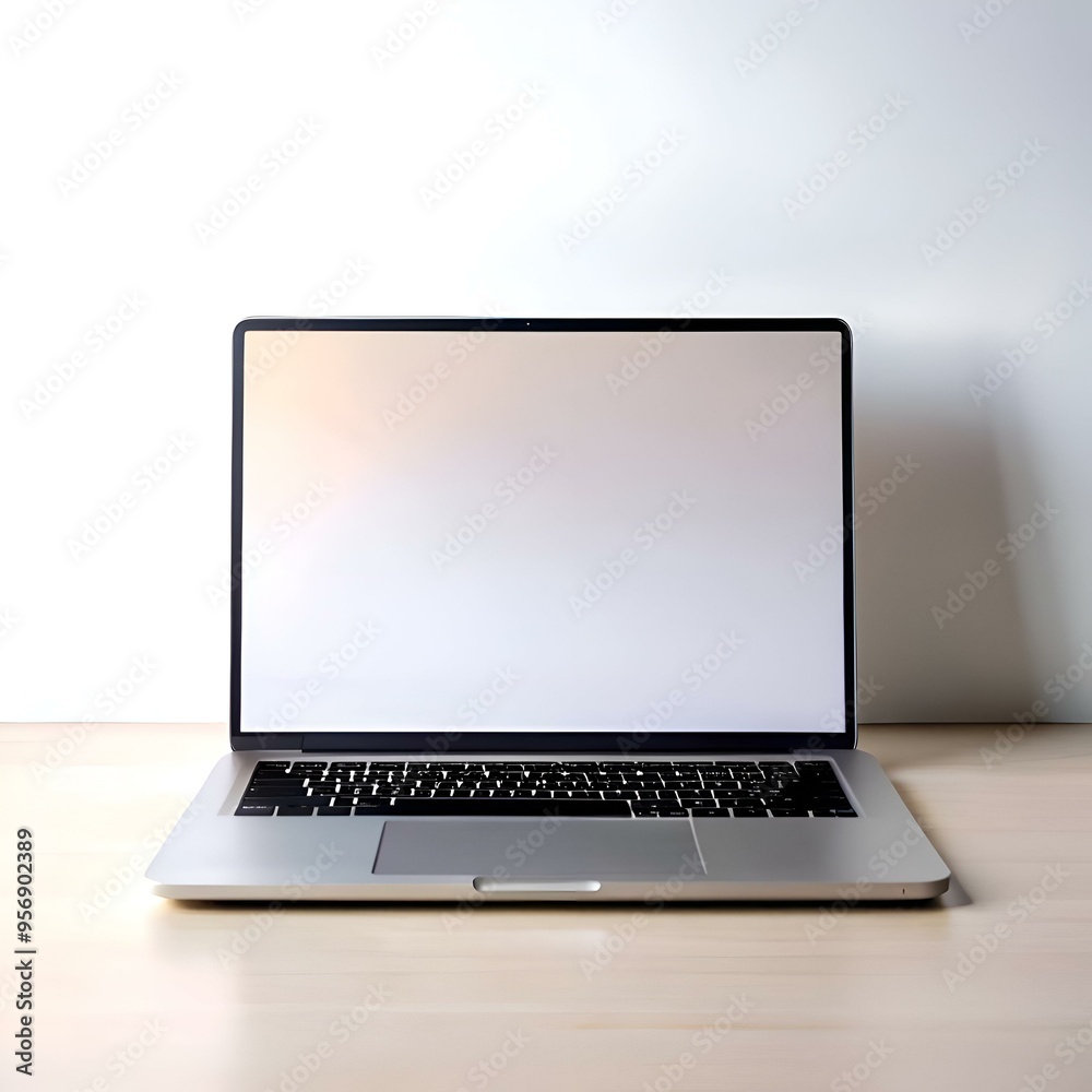 A clean and modern laptop with a blank screen sits on a light wood desk. A clean and modern laptop with a blank screen sits on a light wood desk.