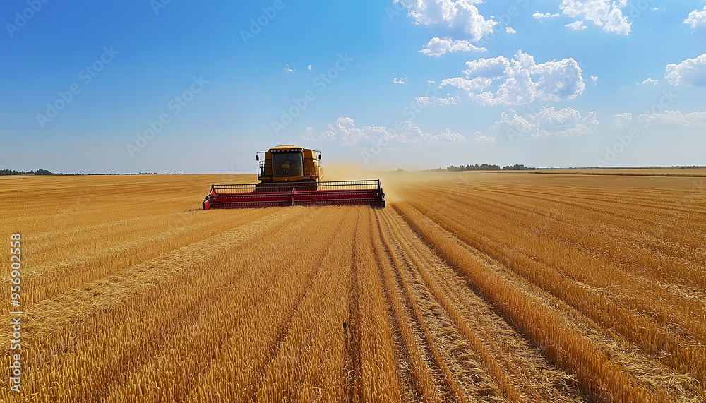 Obraz premium Modern combines work in huge fields of wheat. The wheat stalks flutter in the wind like waves