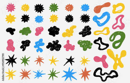 Big set of abstract colorful pastel geometric shape old pattern with colorful star doodles. Vector texture cartoon background. Template simple random shapes in bright party colors.