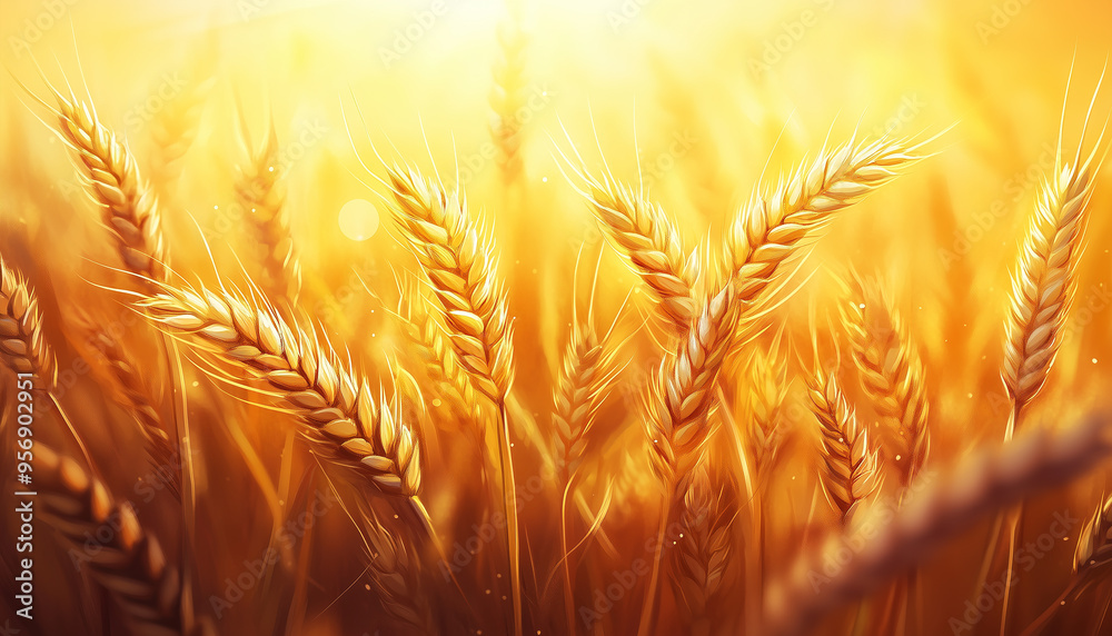 Realistic and detailed close-up image of golden spikelets of wheat