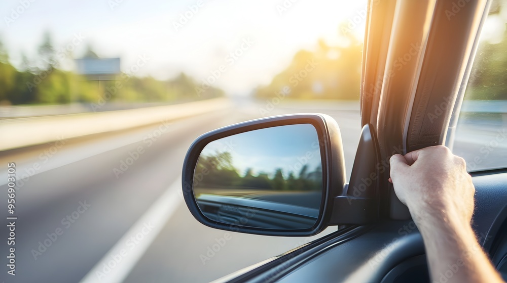 Driver Adjusting Side Mirror for Better Visibility on Expansive Highway Driver Adjusting Side Mirror for Better Visibility on Expansive Highway
