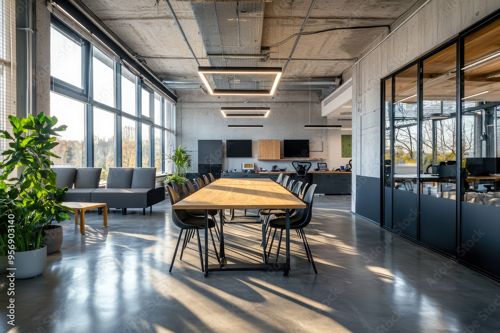 A Modern Office Space: Minimalist Design with Warm Lighting and Expansive Windows A Modern Office Space: Minimalist Design with Warm Lighting and Expansive Windows