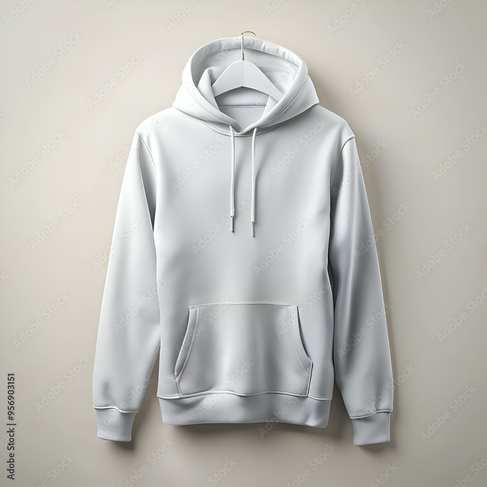 A clean and simple white hoodie hanging on a white hanger against a plain background. A clean and simple white hoodie hanging on a white hanger against a plain background.