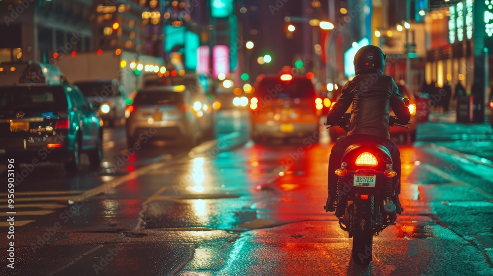 Motorcyclist riding through a bustling city street at night, with vibrant lights reflecting on the wet pavement, evoking a sense of adventure and freedom. Motorcyclist riding through a bustling city street at night, with vibrant lights reflecting on the wet pavement, evoking a sense of adventure and freedom.