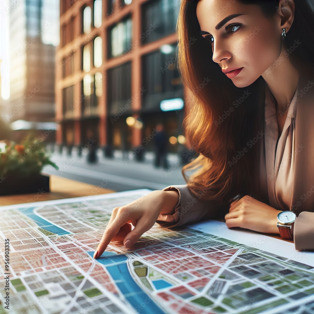 Fototapeta premium Urban Planner A woman examining a city map her finger tracing th