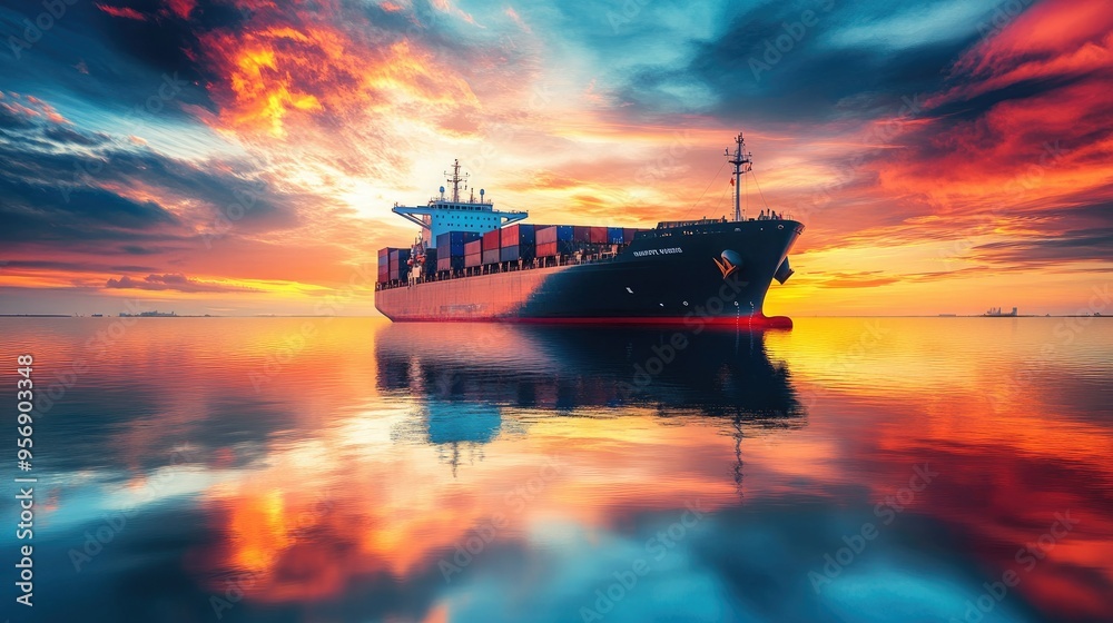 High-definition image of a cargo ship in the harbor at sunset, capturing the ship's silhouette against a vibrant sky and the reflective water surface.