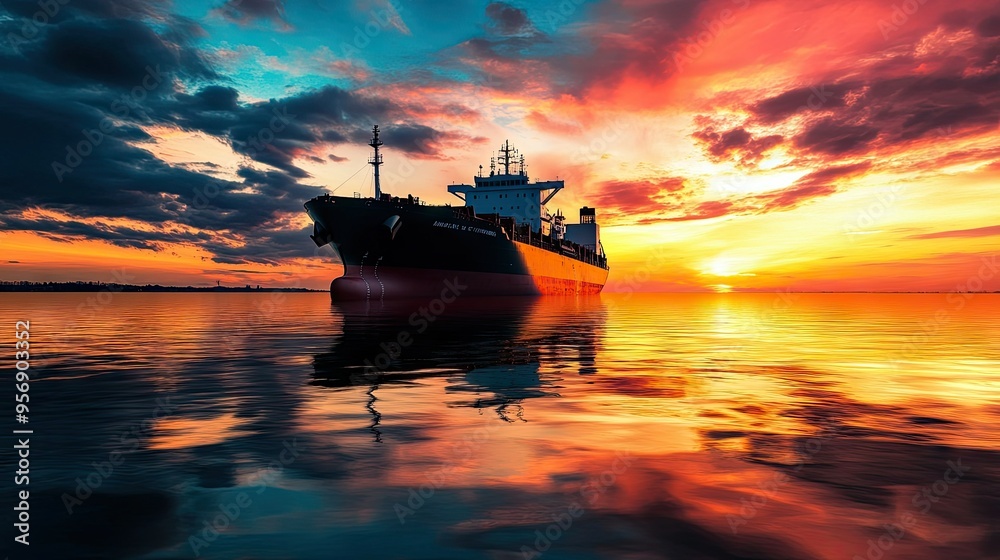 High-definition image of a cargo ship in the harbor at sunset, capturing the ship's silhouette against a vibrant sky and the reflective water surface. High-definition image of a cargo ship in the harbor at sunset, capturing the ship's silhouette against a vibrant sky and the reflective water surface.