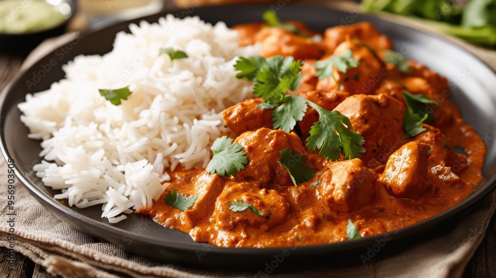 Delicious chicken curry served with fluffy white rice, garnished with fresh cilantro for a rich and flavorful meal. Delicious chicken curry served with fluffy white rice, garnished with fresh cilantro for a rich and flavorful meal.