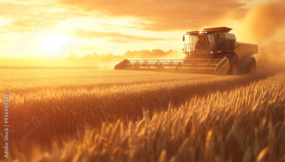 Fototapeta premium Modern combines work in huge fields of wheat. The wheat stalks flutter in the wind like waves