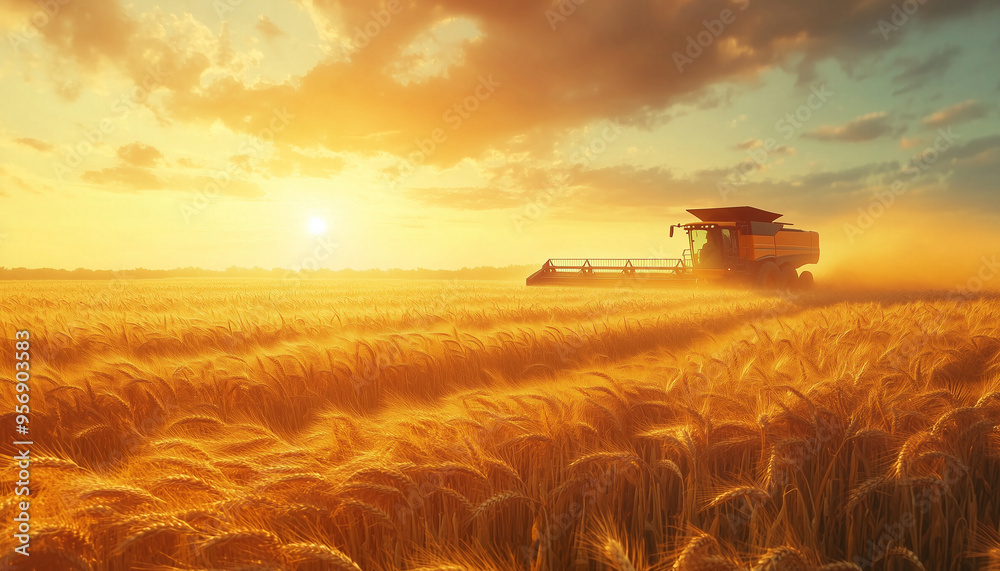Fototapeta premium Modern combines work in huge fields of wheat. The wheat stalks flutter in the wind like waves