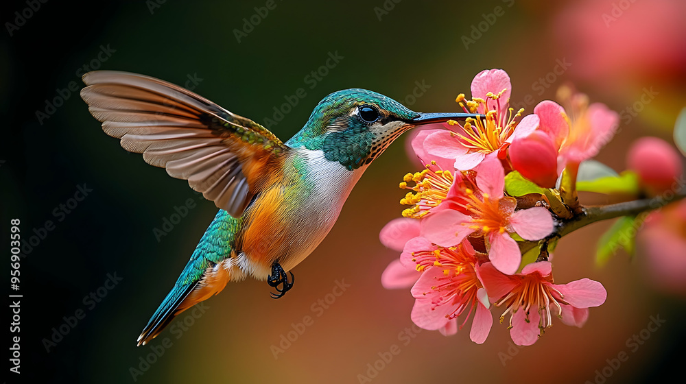 Fototapeta premium Hummingbird Feeding on Pink Flower Illustration
