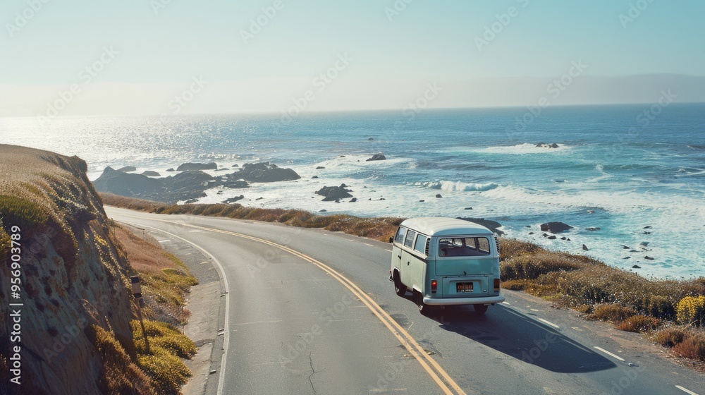 Fototapeta premium A vintage van drives down a winding cliffside road with breathtaking ocean views, under the clear blue sky, capturing the essence of freedom and adventure.