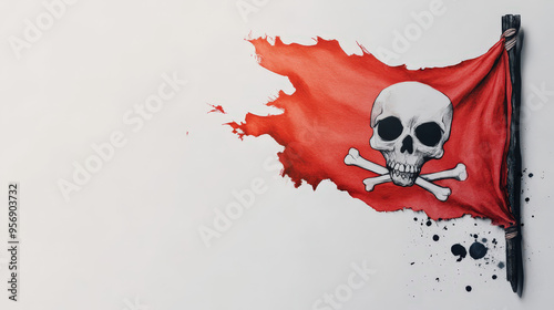 Pirate flag, tattered and waving in the wind, eerie atmosphere, Watercolor style 