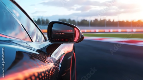 Sleek Sports Car Side Mirror with Digital Blind Spot Detection Technology photo