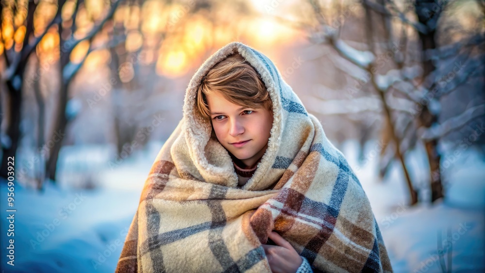 Cozy up with this warm and inviting image of a youthful adult snuggled up in a plush blanket on a chilly winter morning. Cozy up with this warm and inviting image of a youthful adult snuggled up in a plush blanket on a chilly winter morning.