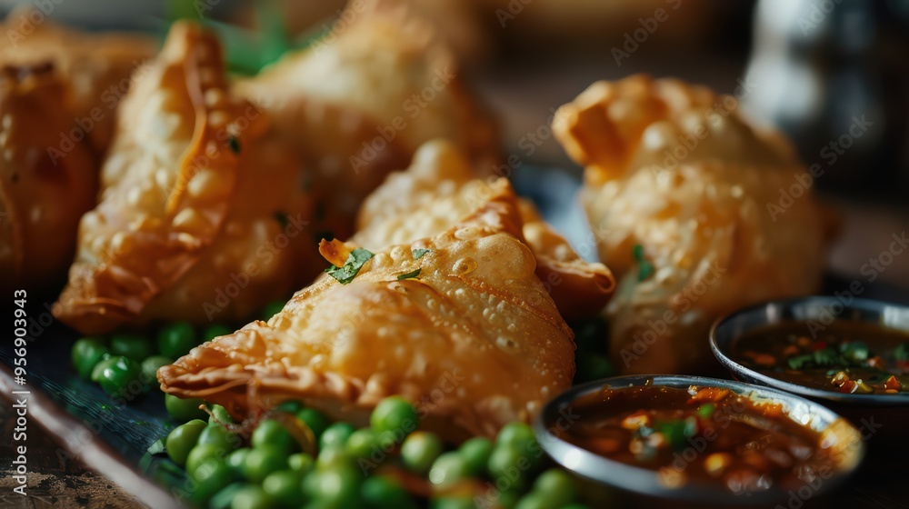 Delicious samosas served with green peas and tangy sauces, perfect for appetizers or snacks. A delightful treat for food lovers. Delicious samosas served with green peas and tangy sauces, perfect for appetizers or snacks. A delightful treat for food lovers.
