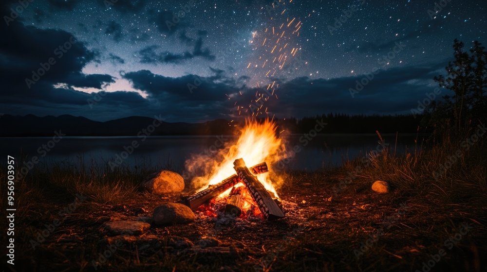 Campfire Burning Under a Starry Night Sky by a Lake Campfire Burning Under a Starry Night Sky by a Lake