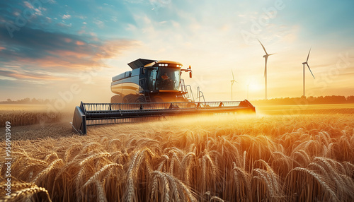 Modern combines work in huge fields of wheat. The wheat stalks flutter in the wind like waves photo