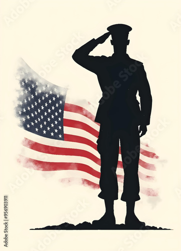 silhouette of a veteran soldier with a hat on his head is standing in front of an american  flag