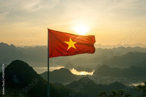 Vietnam National Flag, High quality photo of Vietnam National Flag flying in Ha Long, Vietnam at dawn with rolling hills and mountains in the background photo