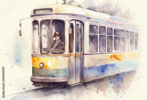 watercolor tram driver soft edges blending with surroundings