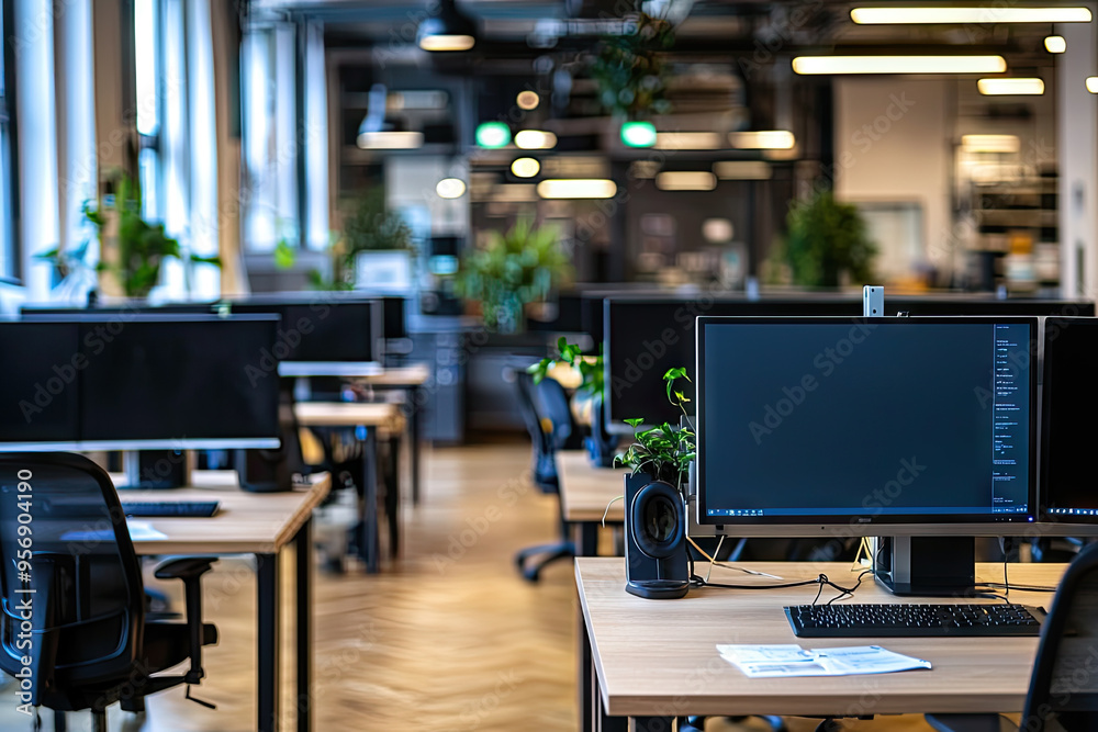 Sleek Workstations in a Modern Office, Ready for Productivity