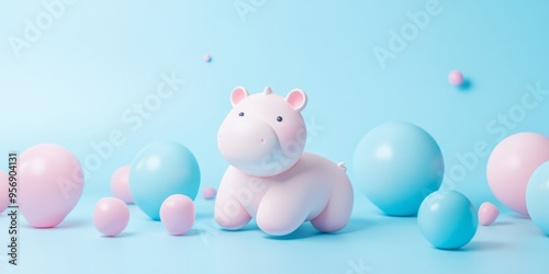 A soft, cartoonish animal figure with an inflated appearance sits amid various pastel spheres