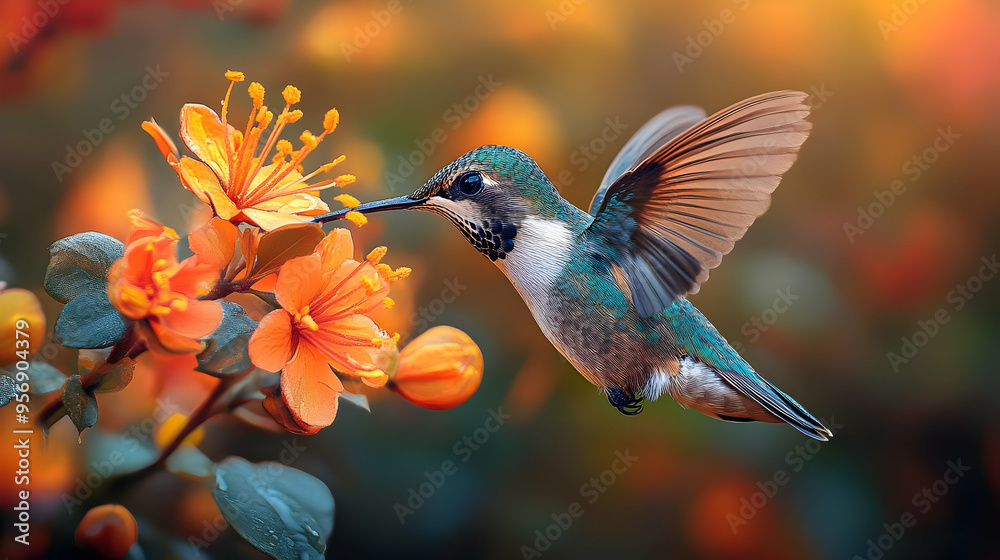 Fototapeta premium Hummingbird in Flight, Drinking Nectar from a Flower Illustration