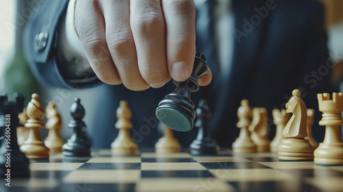 A chess player in a formal suit makes a strategic move during an intense game in a quiet room photo