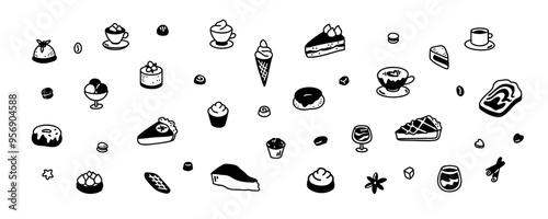 Cute line doodle dessert set. Cakes, apple and lemon pie, croissant, tiramisu, cookies, tartlets in sketch style. Bakery, cafe, coffeeshop, confectionery and patisserie design elements.