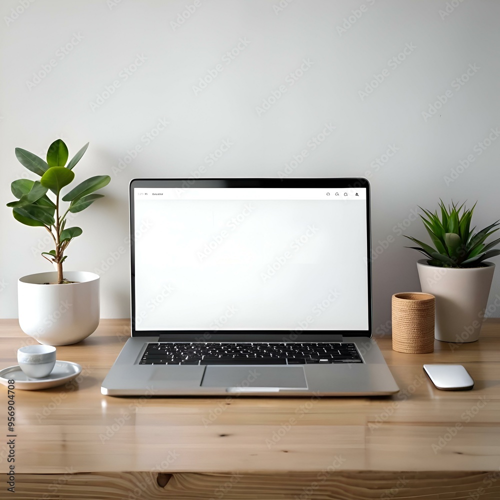 Fototapeta premium A minimalist workspace with a laptop. blank screen. and a few decorative plants.