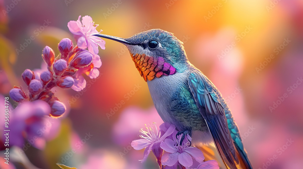 Hummingbird Feeding on Pink Flowers Illustration Hummingbird Feeding on Pink Flowers Illustration