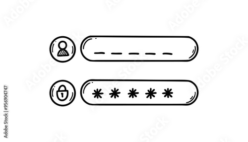 Doodle password register form. User name verification and authorisation. Hand drawn sketch login, logout, sign in illustration. Mobile app and pc user interface