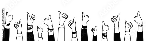 Cute line doodle raising hands with thumb up background. Crowd of happy people, satisfied customers, clients, business audience. Celebration concept. Like gesture