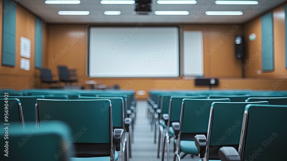 Empty Lecture Hall with Rows of Chairs Facing a Projection Screen Empty Lecture Hall with Rows of Chairs Facing a Projection Screen