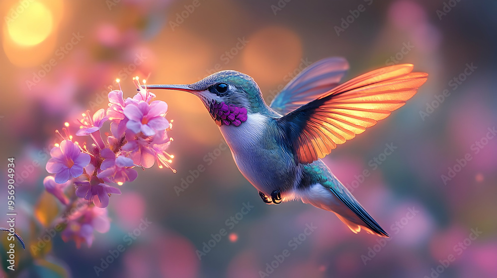 Fototapeta premium Hummingbird Illustration with Colorful Wings and Flowers