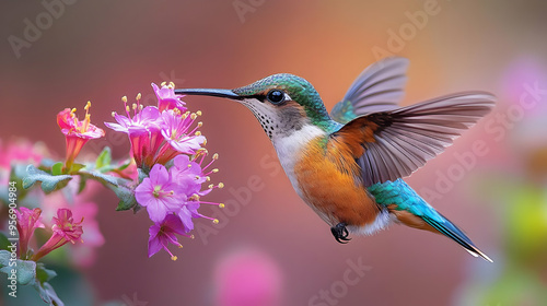 Hummingbird in Flight with Pink Flowers - Nature Photography